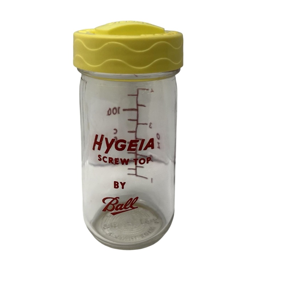 Ball Hygeia Screw Top Vintage Glass Baby Bottle 4oz Clear Red Yellow Made in USA